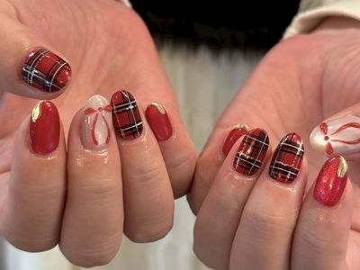 チェックリボンネイル【担当】出井